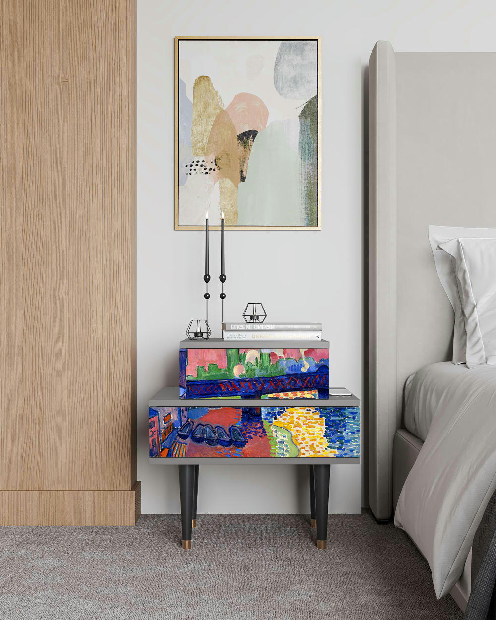 CHARING CROSS BRIDGE BY ANDRE DEAIN - Table de chevet multicolore 2 tiroirs L 58 cm