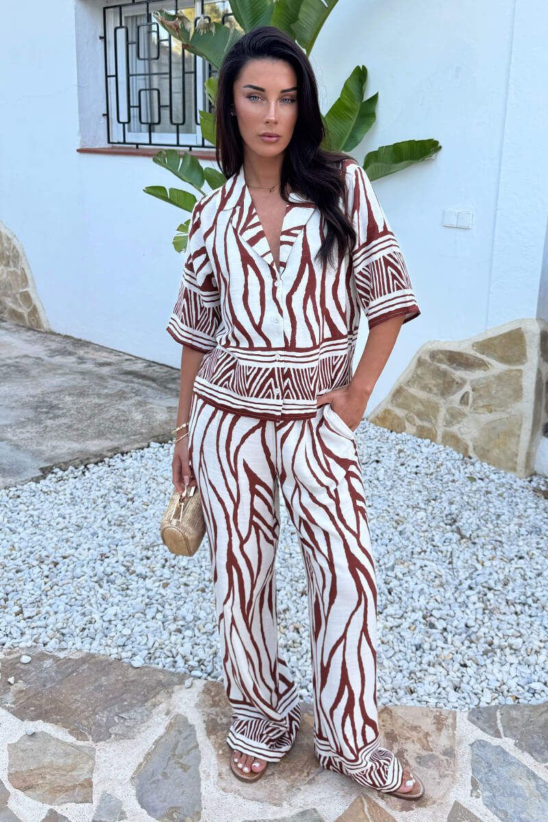 AX Paris Cream And Brown Abstract Print Short Sleeve Boxy Shirt