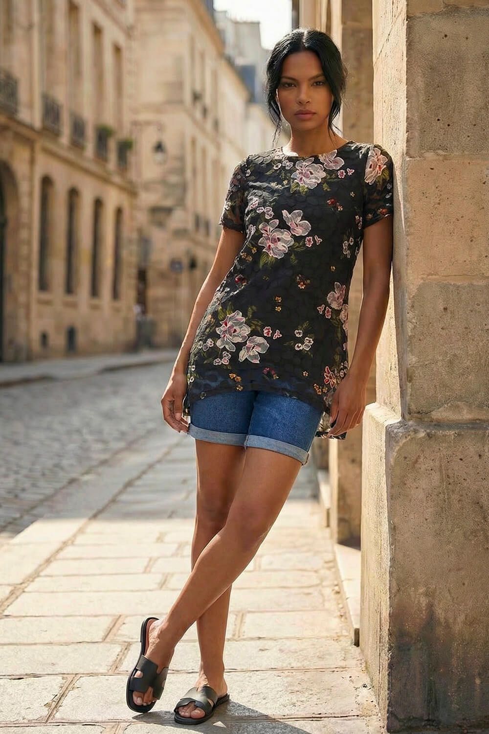 Roman Floral Print Lace Stretch Top