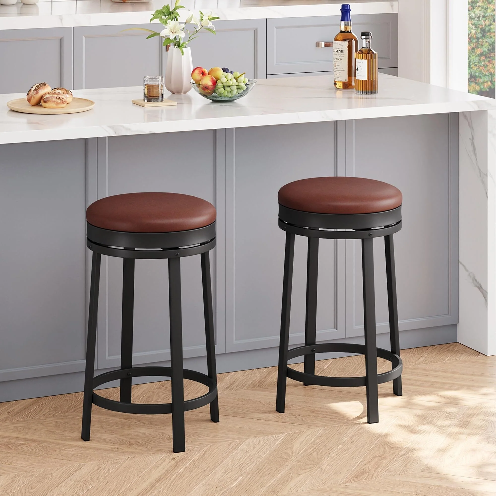 Swivel Bar Stool, 24.4 Counter Height Upholstered PU Leather Cushion