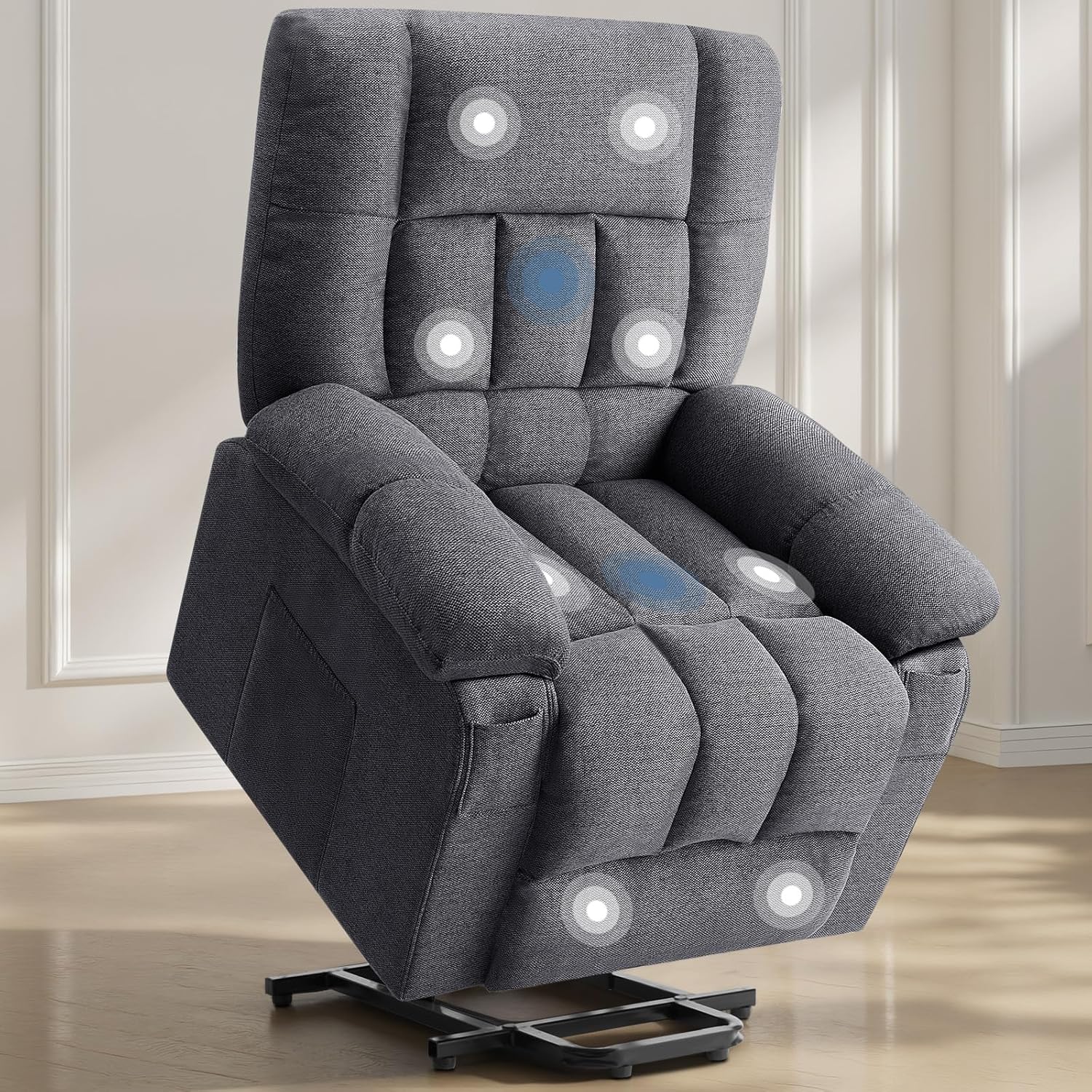 DUMOS Power Lift Recliner Chair with Vibration Massage and Heat for Elderly, Ergonomic Overstuffed Breathable Fabric Reclining Chair with 3 Pockets, Remote Control, Living Room, Bedroom, Grey