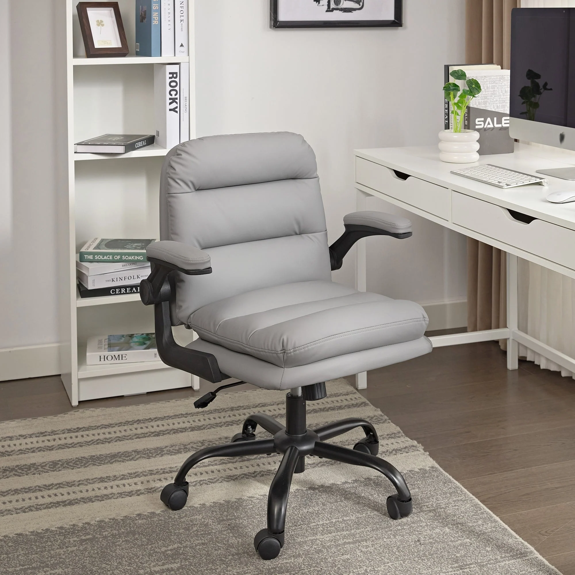 PU Leather Ergonomic Home Office Chair, Thick Padding Swivel Executive Computer Desk Chair with Upholstered Flip-up Arms