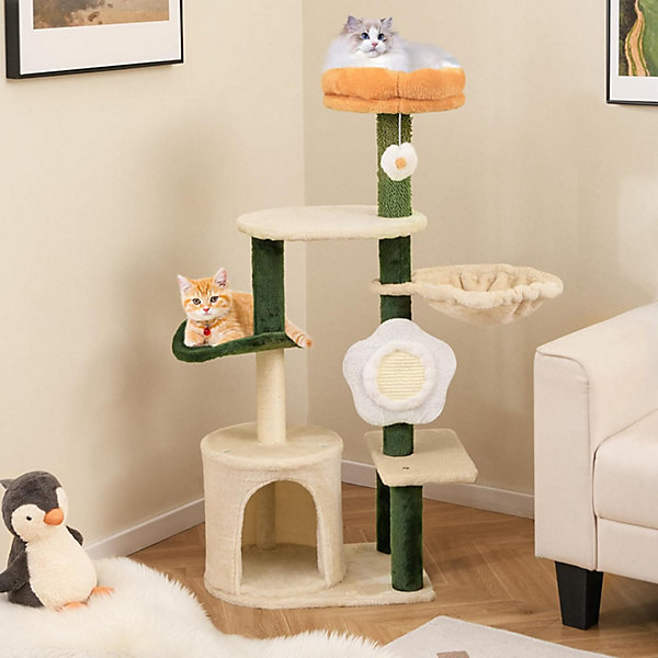 Arbre à Chat Moderne en Forme de Fleur,avec Perchoir, Griffoir et Planche en Sisal, Balle de Jeu, pour Chats, Vert et Beige
