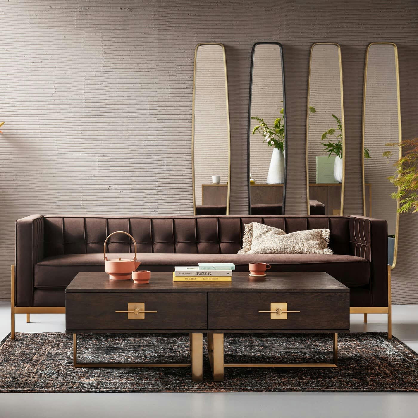 OSAKA - Table basse 2 tiroirs rétro marron et acier doré