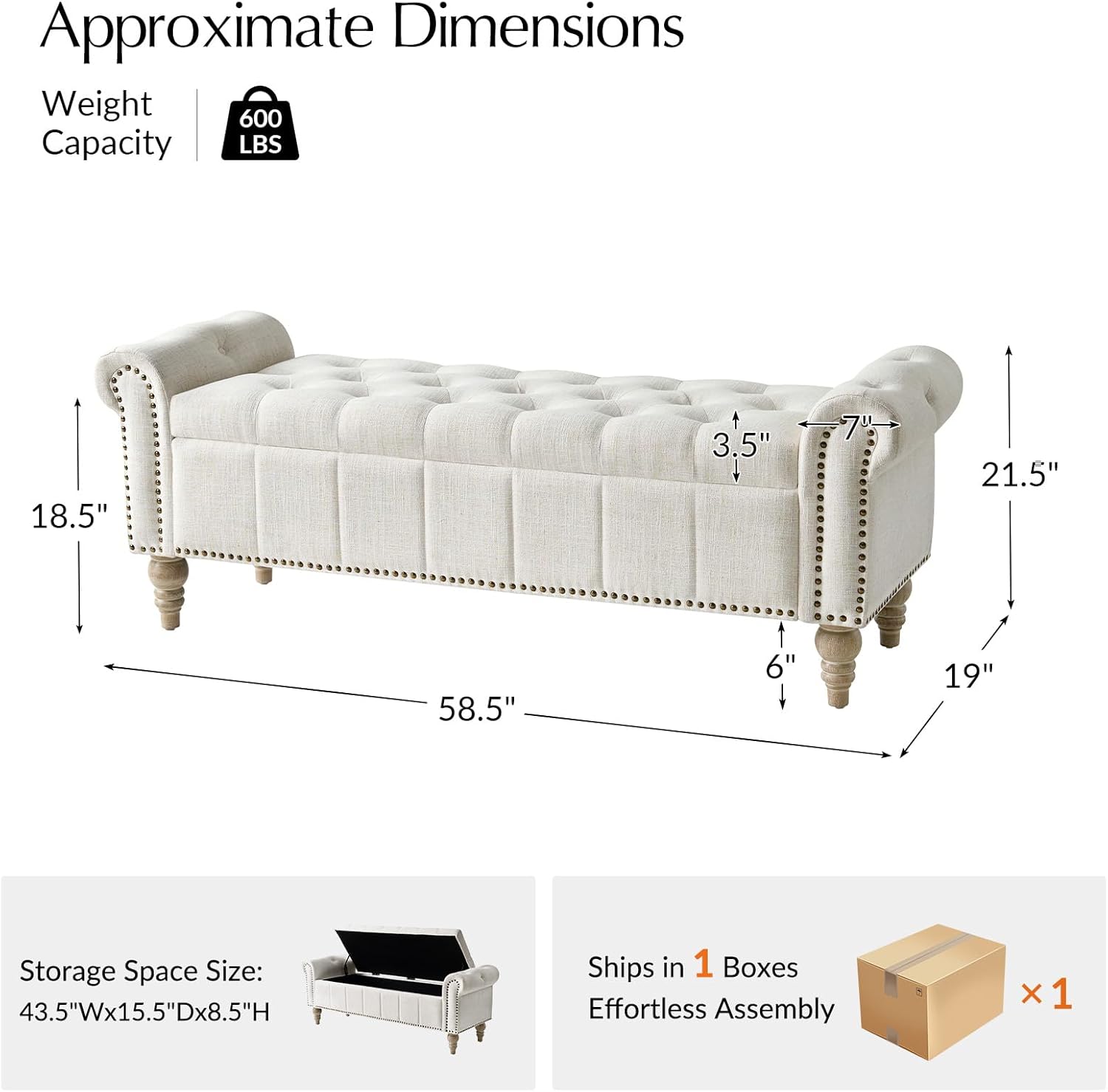 HULALA HOME Farmhouse Upholstered Storage Bench, End of Bed Bench with Vintage Button Tufted Design(Ivory)