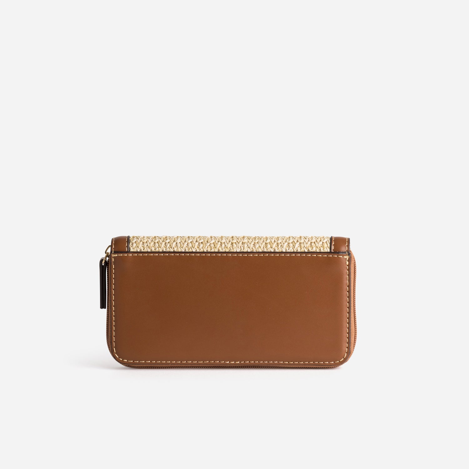 Portefeuille beige tressé bordures cognac
