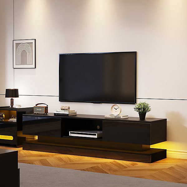 Meuble TV avec LED et 2 Tiroirs - Front Brillant - Panneau de Particules - 160 x 35 x 40,5 cm - Noir