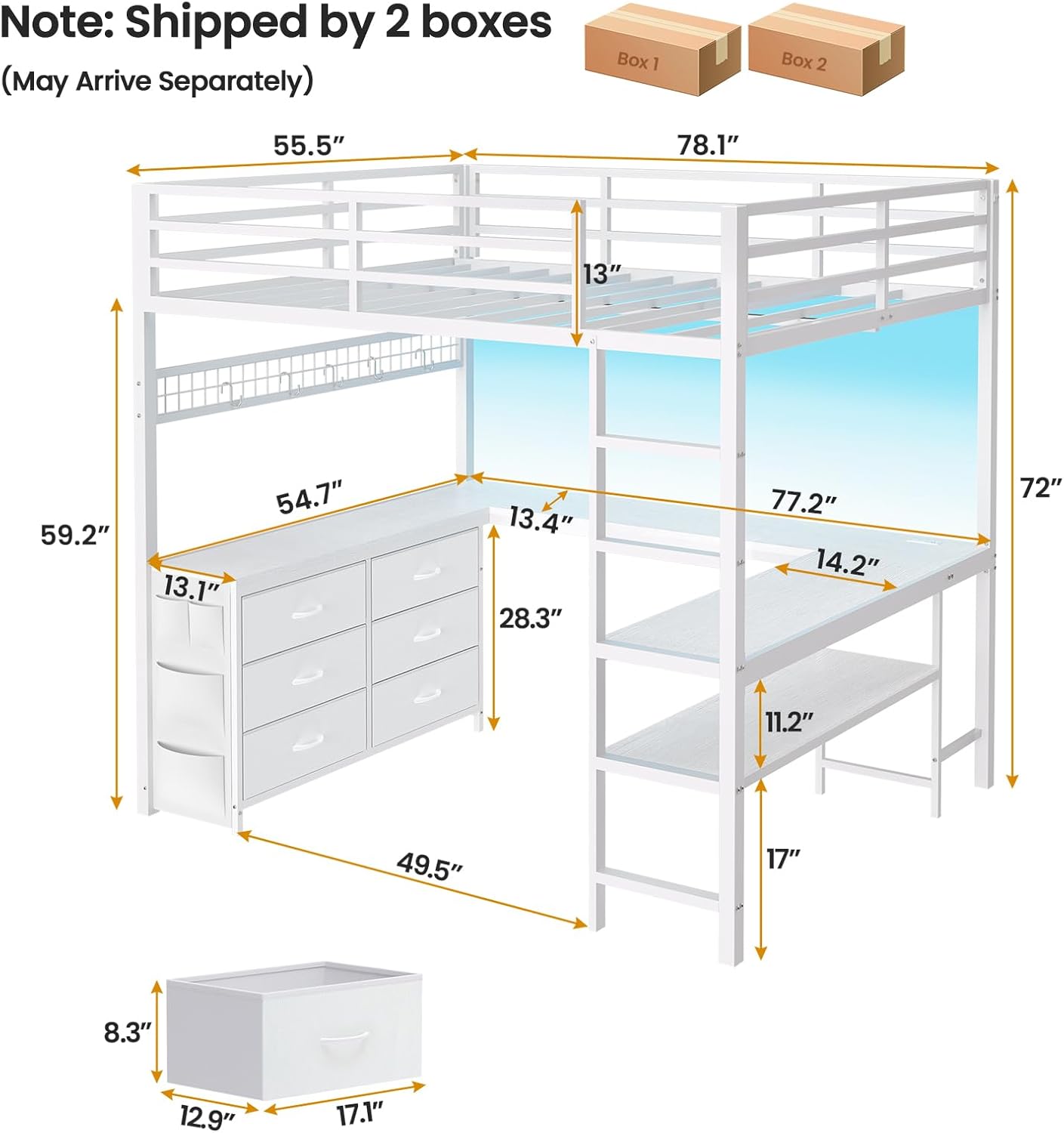 ADORNEVE Loft Bed Full Size with U-Shaped Desk, 6 Storage Drawers, Power Outlet, LED Metal Loft Bed with 2 Storage Shelves, Bed with Safety Guardrail & Ladders,Space-Saving,White