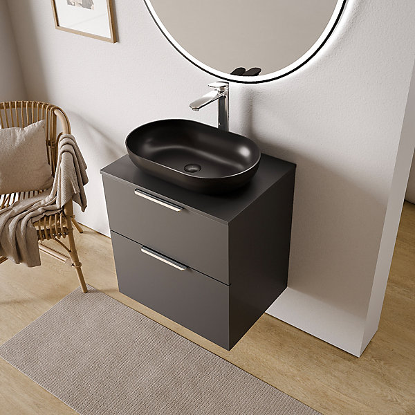 Meuble sous vasque suspendu MDF Anthracite mat 60x46x62cm 2 tiroirs, Plan lavabo Anthracite mat   poignée Chrome - TIM60