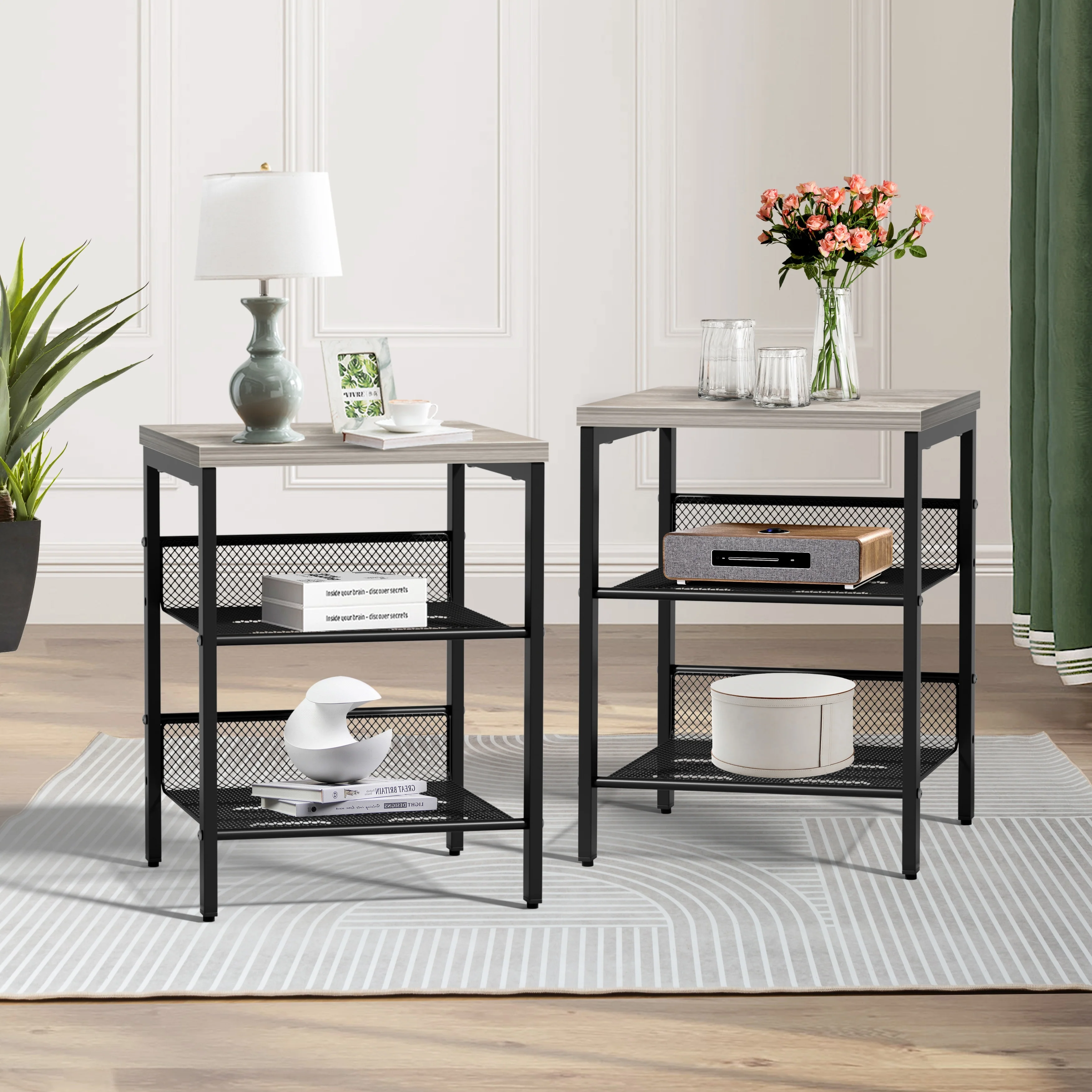 Modern Nightstand End Table 2 Shelves Bedside Table Set of 2