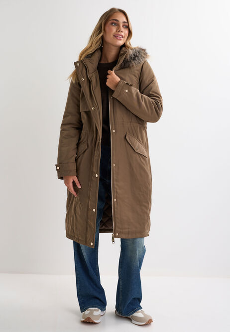 Womens Brown Fluffy Trim Hood Parka Coat