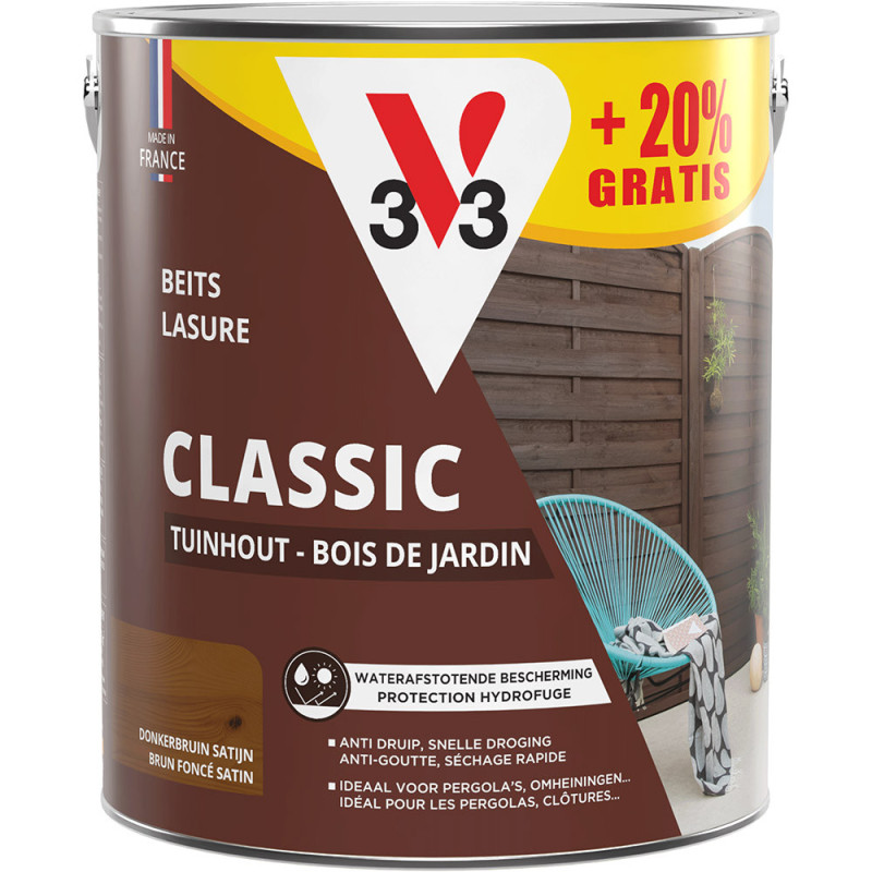 Lasure pour bois de jardin Classic brun foncé 2,5 L   0,5 L gratuit V33