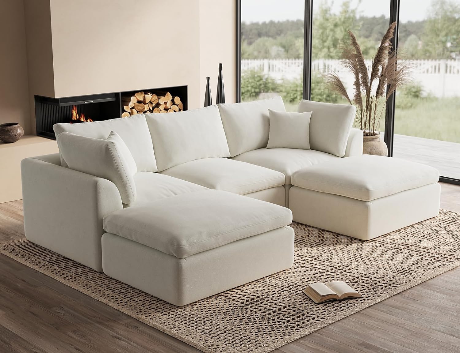 110 Cloud Sectional Couches for Living Room, Boneless U Shaped Couch with Ottoman, 3 Seater Modular Sectional Sofa, Warm White