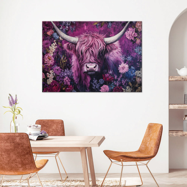 Feeby Obraz na płótnie, Krowa Szkocka Akbstrakcja Kwiaty 60x40