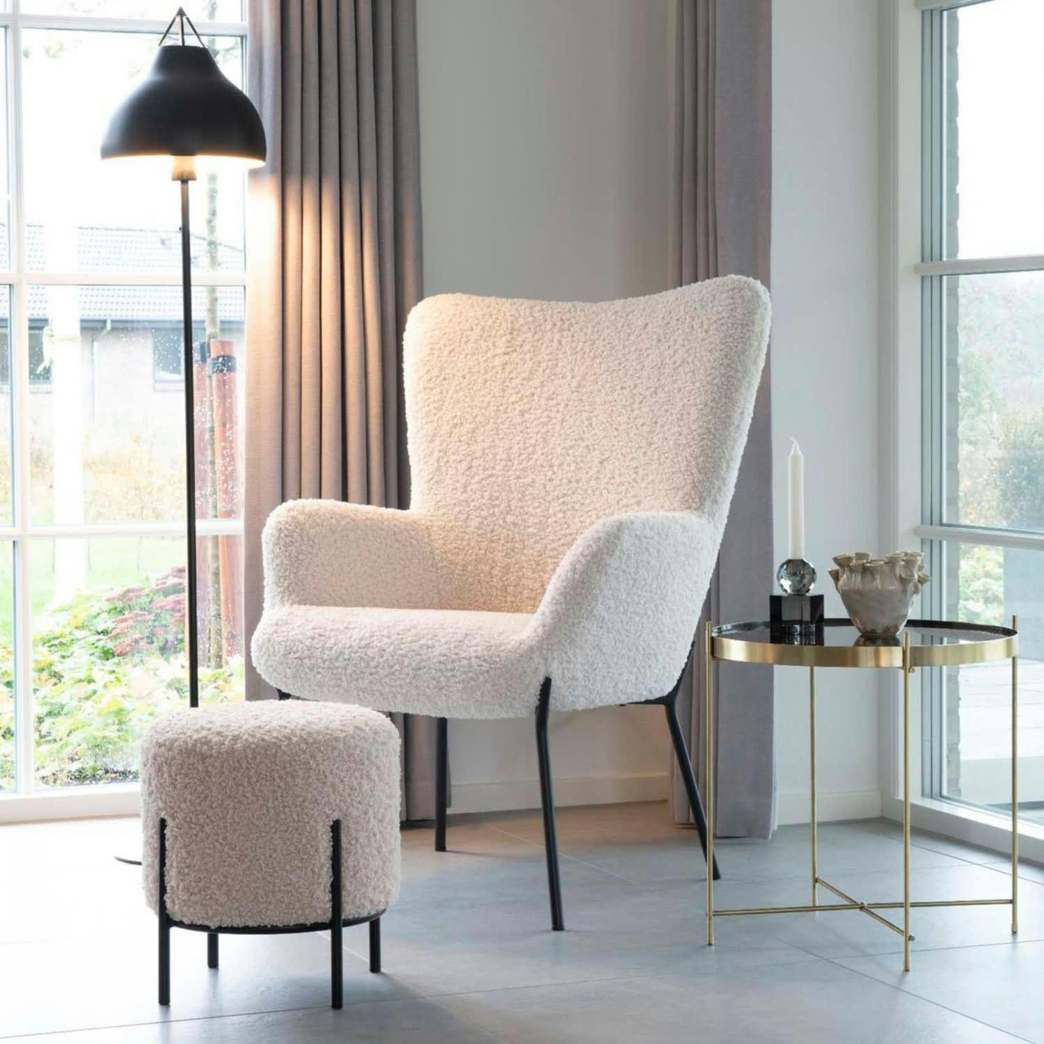 ALFORD - Pouf rond en tissu bouclette et métal D35,5cm blanc