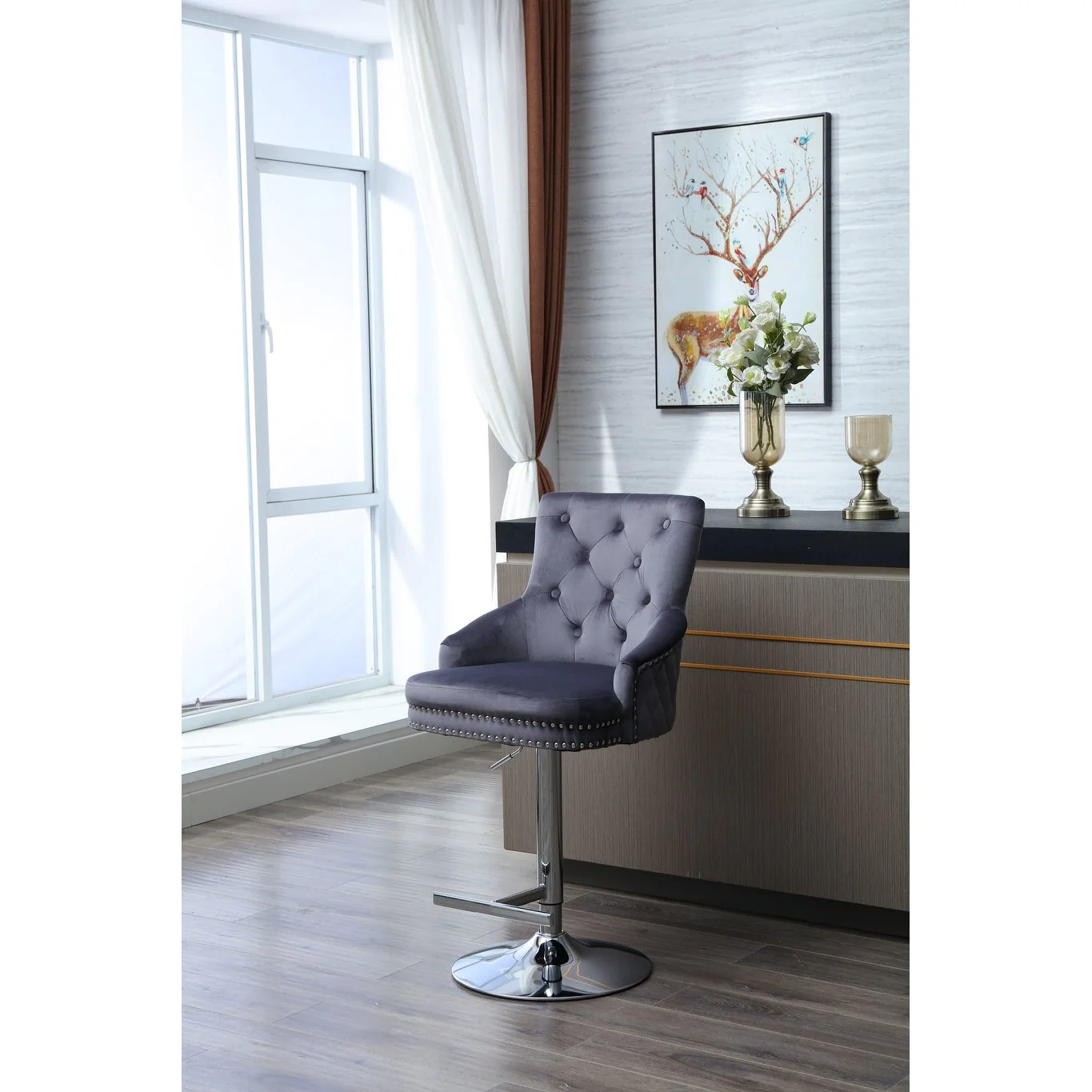 Home Beyond Adjustable Swivel Bar Stool Kitchen Chair Velvet Counter Barstool with Footrest