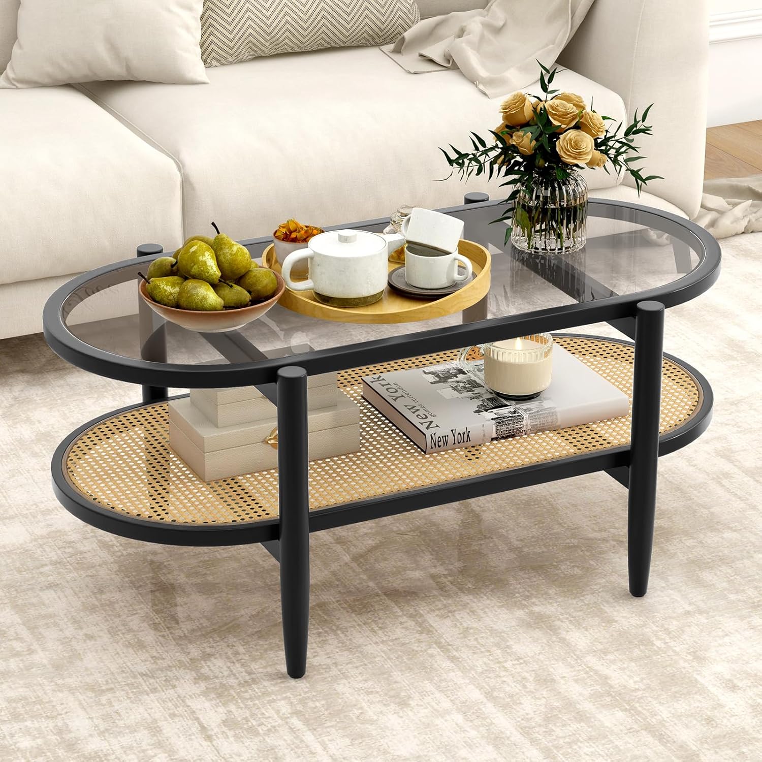 Giantex Rattan Coffee Table, 2-Tier Oval Wood Tea Table with Tempered Glass Tabletop & PE Rattan Storage Shelf, 40 Boho Cocktail Tables, Mid Century Modern Center Table for Living Room Office, Black