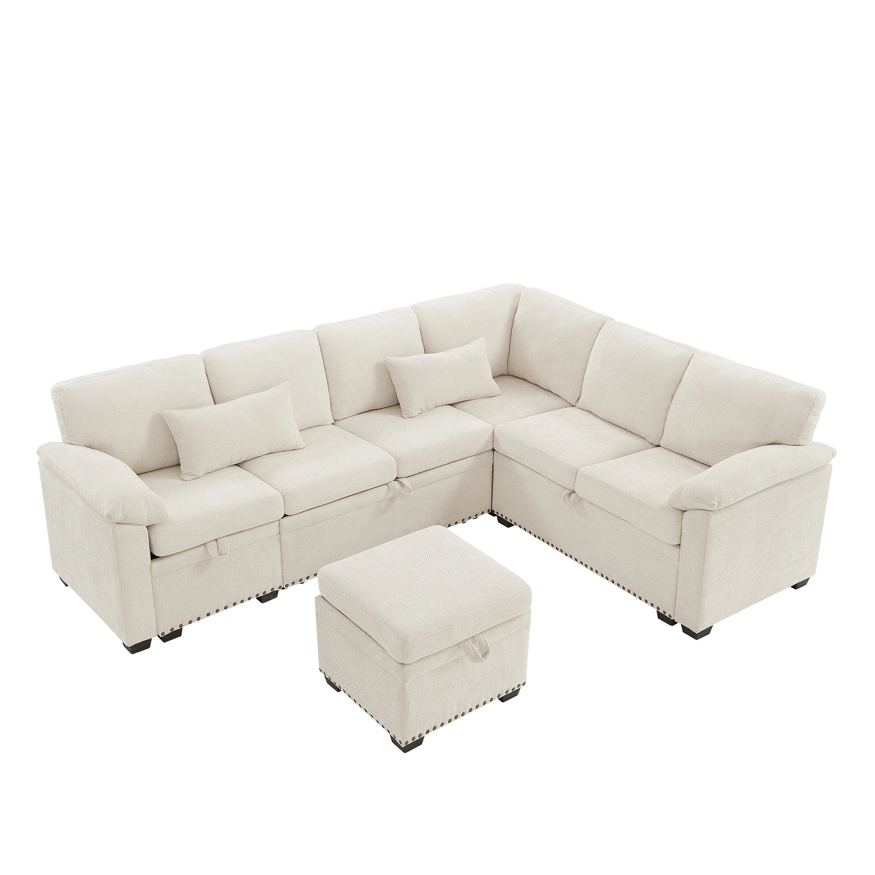 Modern Modular Chenille Sectional Sofa with Pull Out Sleeper and Storage Ottoman for Living Rooms or Guest Spaces