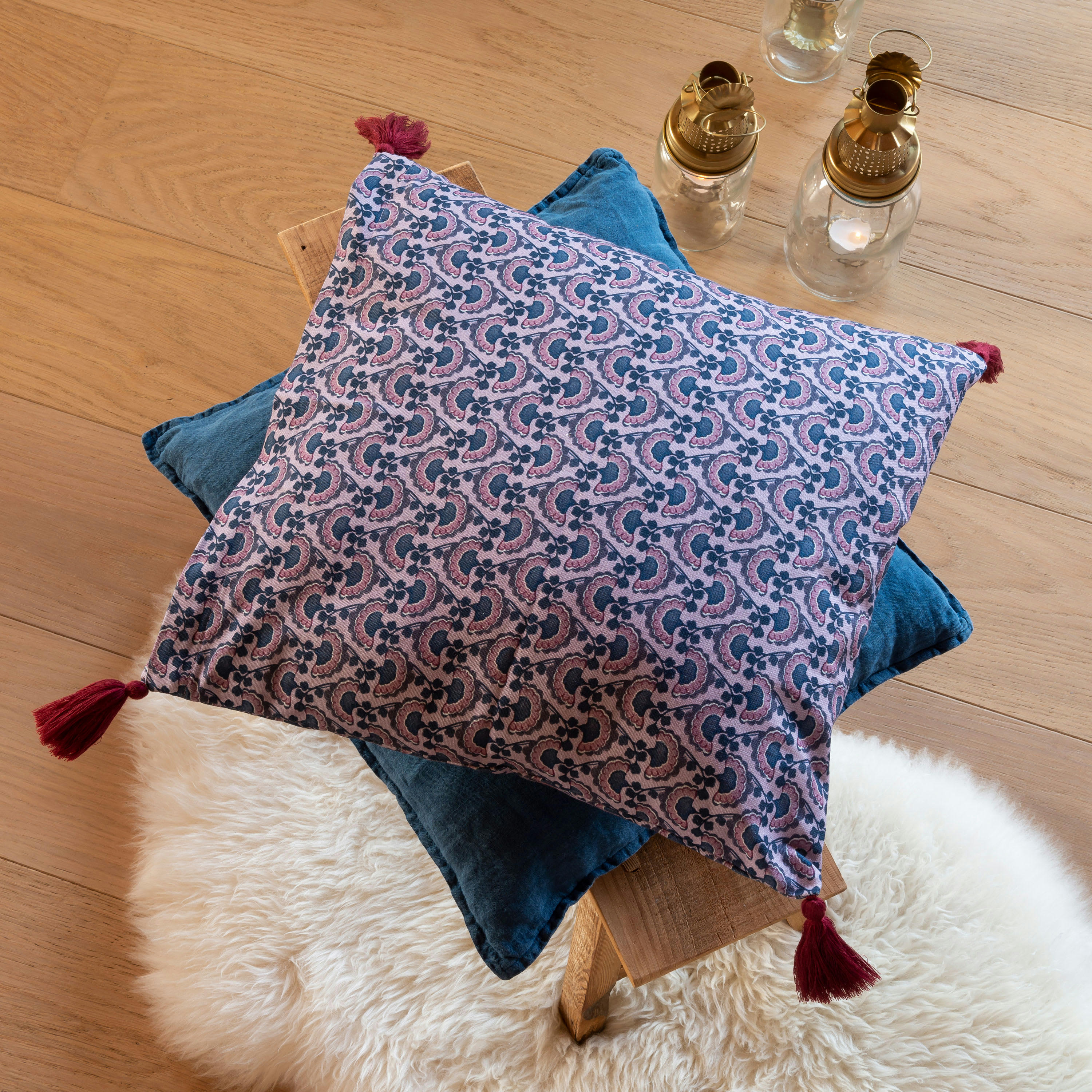 BOMBAY - Housse de coussin coton imprimé bleu 40 x 40 cm