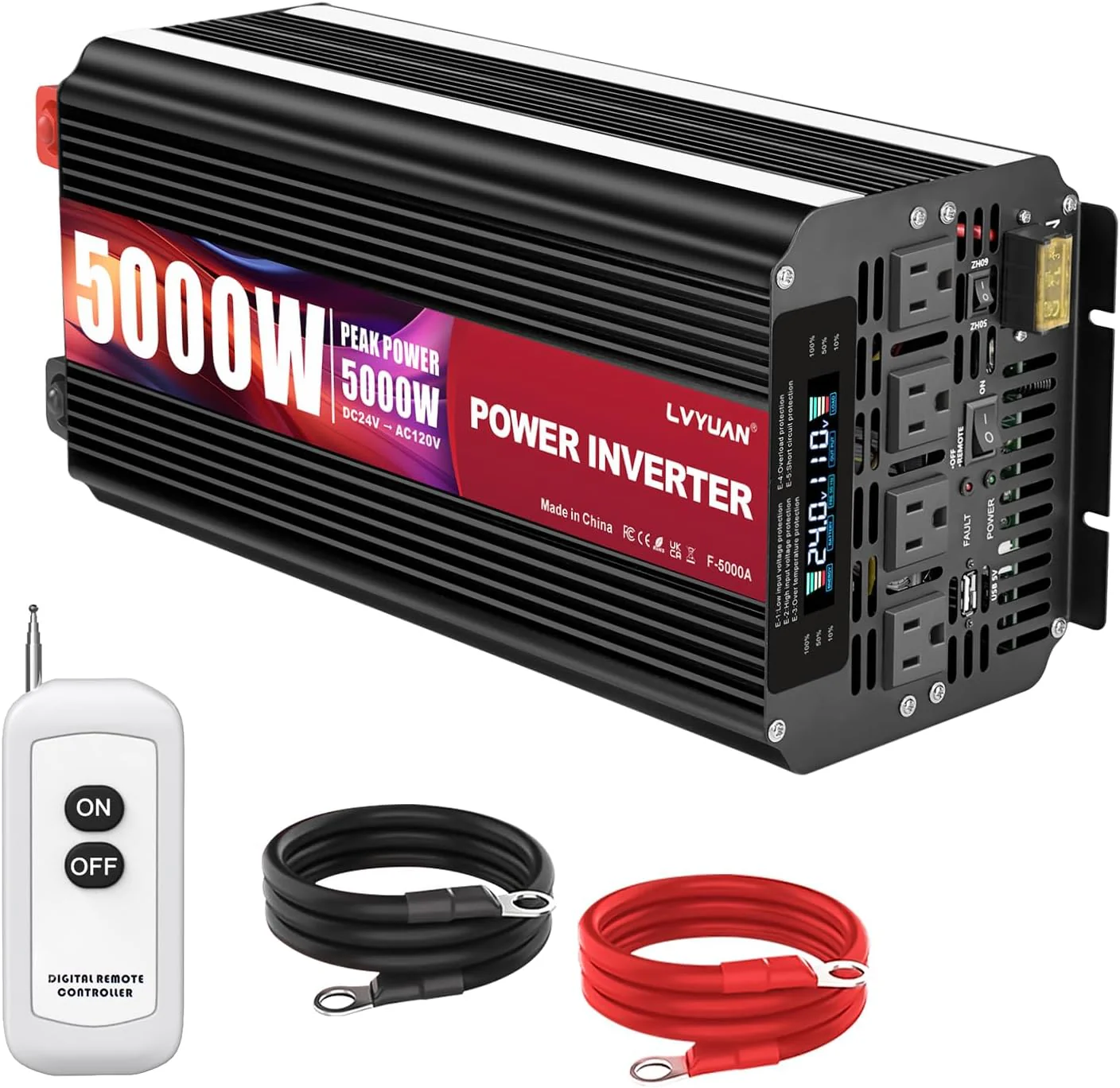 5000 Watt Power Inverter 12V to 110V 120V for Vehicle, Solar Inverter System, Heavy Duty, RV, Truck, Off Grid,Camping with 4 AC Outlets, LCD Display, Wireless Remote Control, Car Power Inverter(24V-5000W)
