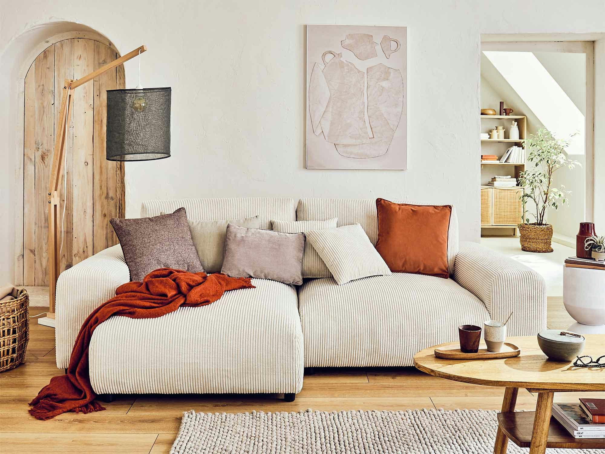 GARANCE - Canapé d'angle réversible 4 places en velours côtelé beige