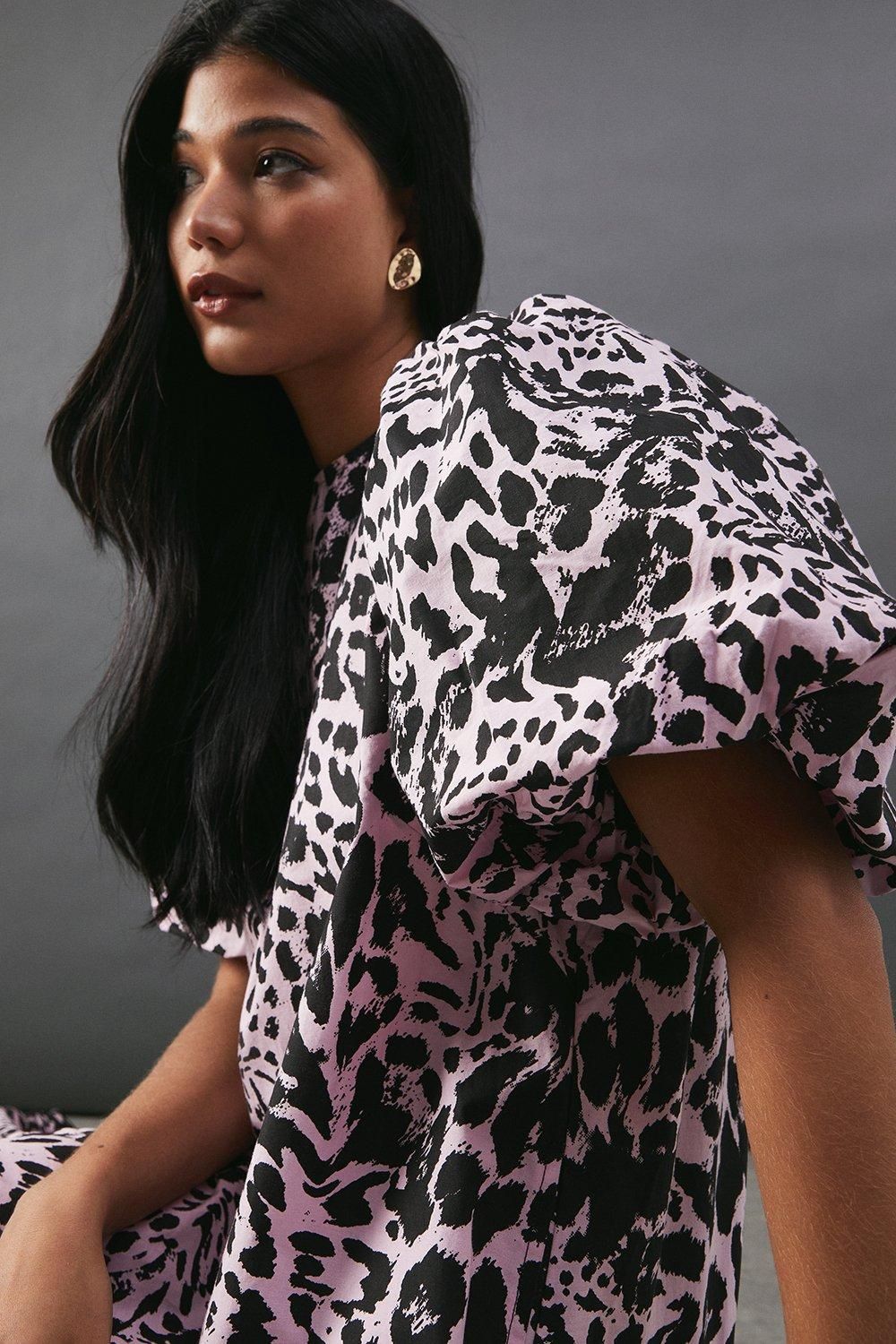 Warehouse Poplin Leopard Print Volume Sleeve Scallop Detail Smock Dress