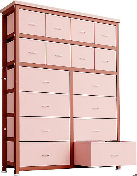 Commode 16 tiroirs en tissu Rose 103x30x130 cm - Cadre métal &panneaux MDF, rangement chambre