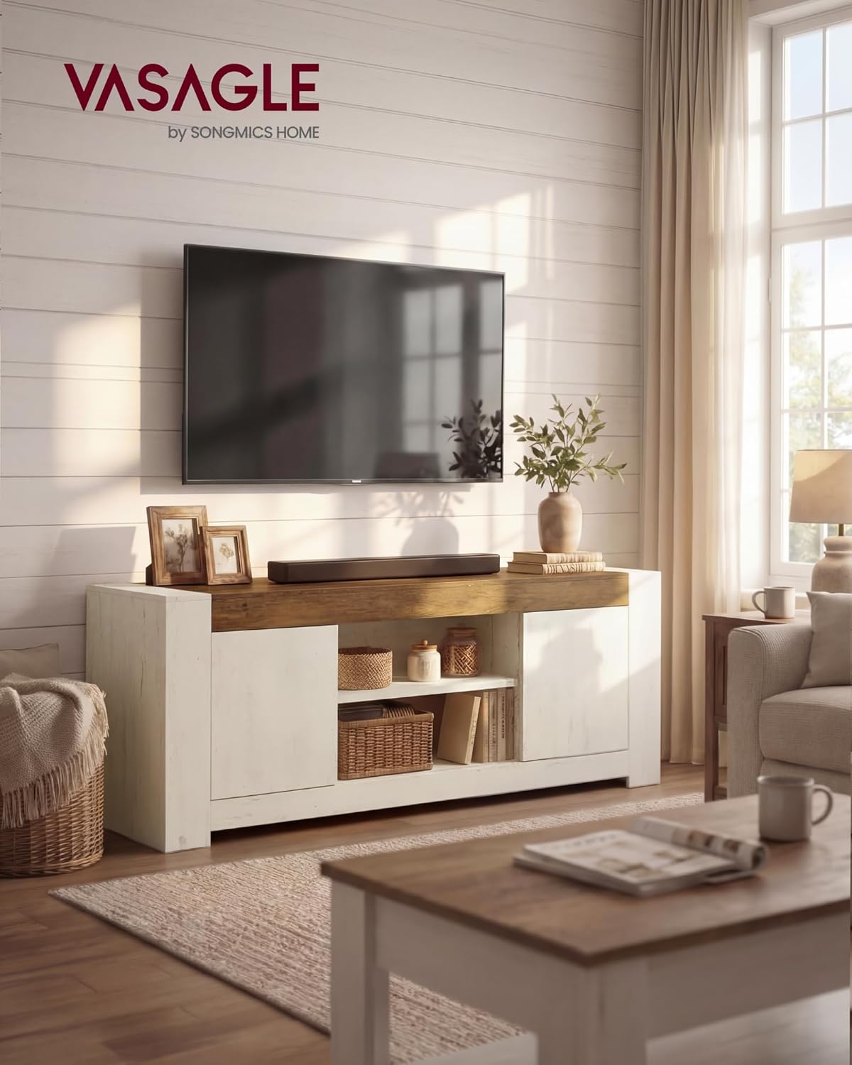 VASAGLE TV Stand, Farmhouse Entertainment Center with Storage Cabinets, Media Console Table for Living Room, Bedroom, for 65 Inch TV, 58 x 15.7 x 23.6 Inches, Rustic White and Honey Brown ULTV623W201S