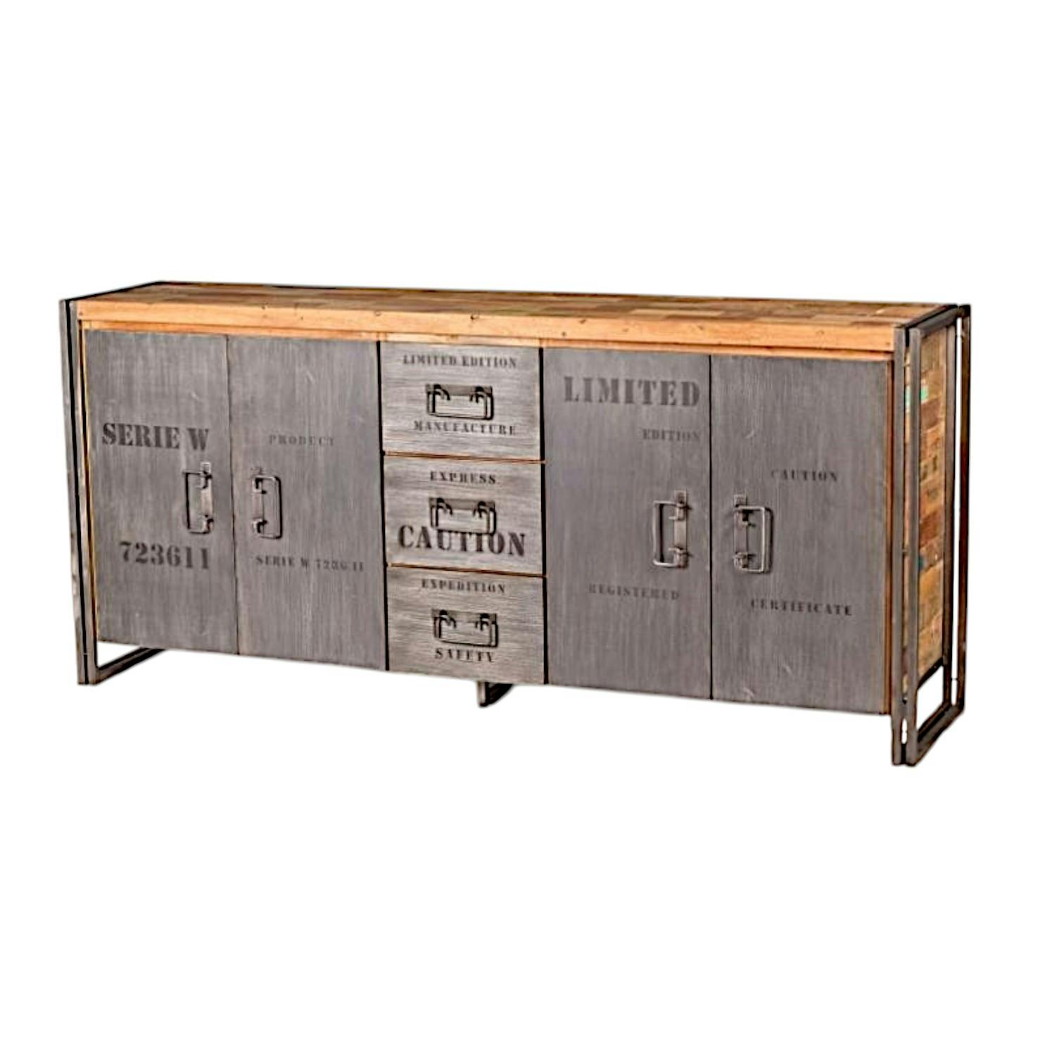 Buffet bois recyclé 4 portes 3 tiroirs 200x90 CARAVELLE