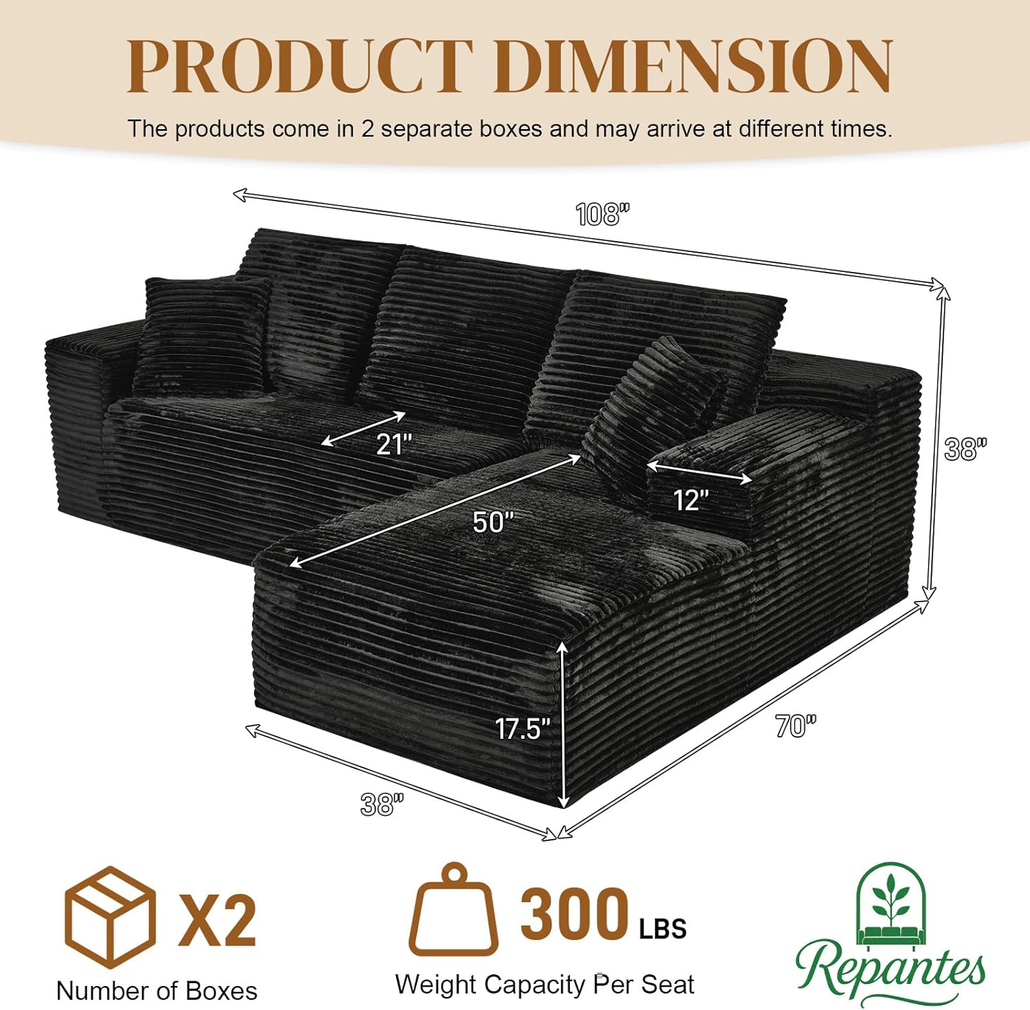 108 L Shaped Boneless Sectional Couches for Living Room, Comfy Corduroy Floor Cloud Sofa with Chaise, Wide Armrest, Deep Seat, Memory Foam, Assembly Free, Ideal for Small Spaces, Black