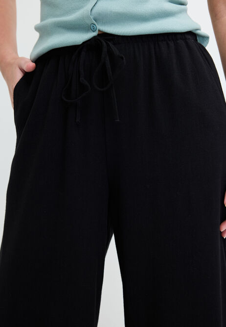 Womens Black Linen Blend Cropped Wide Leg Trousers