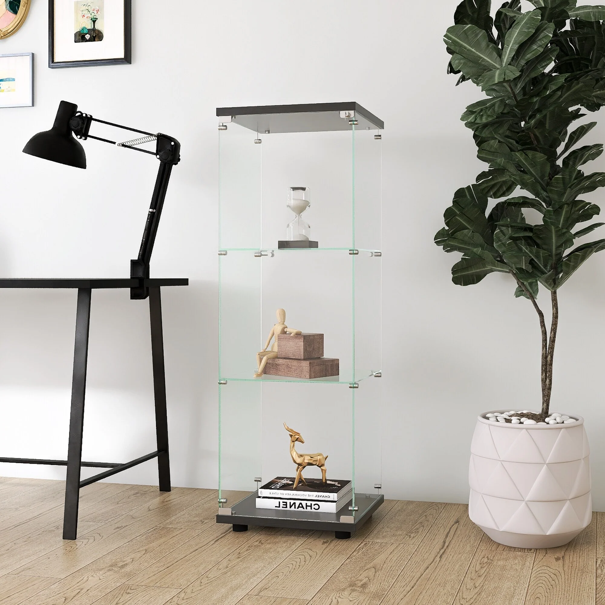 Glass Display Cabinet with 3 Shelves, One-Door Curio Cabinets for Living Room