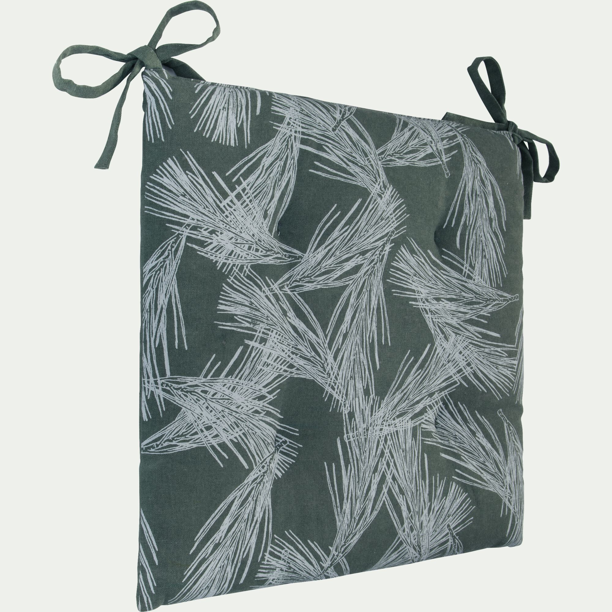 MIKO - Galette de chaise de jardin en tissu déperlant motifs pins d'Alep - vert cèdre
