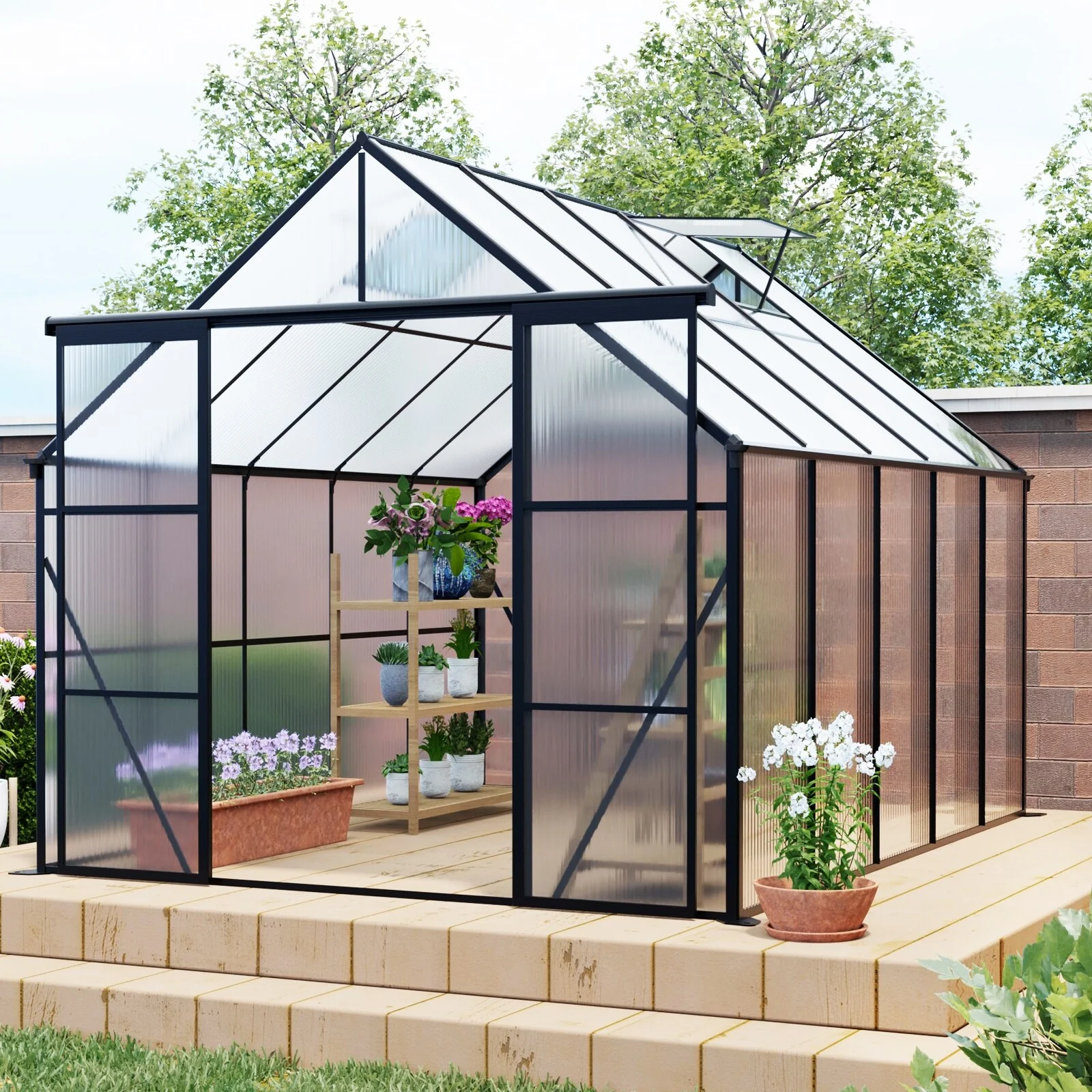 UV-Resistant Greenhouse Shed Plant Shed Garden Shed with Sliding Door & Adjustable Roof, Rust-proof, Weatherproof