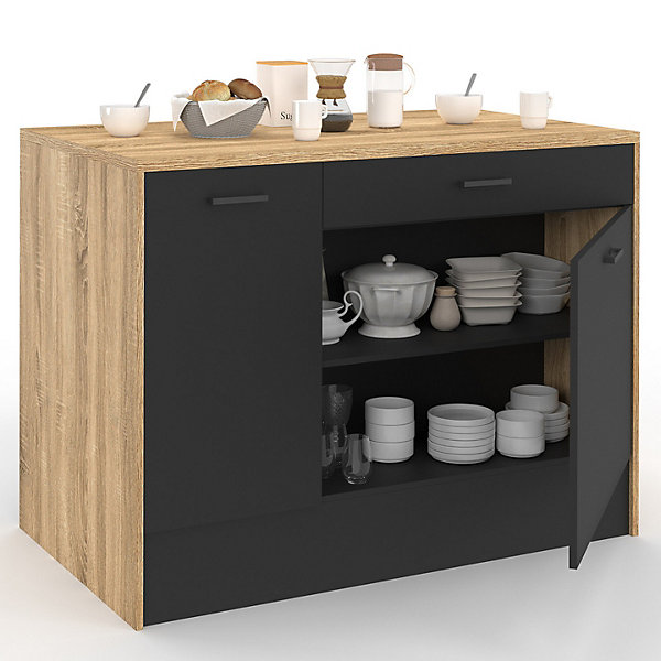 Ilot central LIO 120 cm maxi capacité de rangement bois et noir