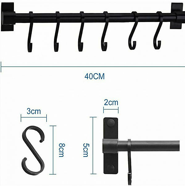 CODEKEY 40CM Barre Murale Cuisine Ustensiles- Barre étagère de Cuisine avec 6 Crochets Amovibles - Rack Porte étagère à Fixation