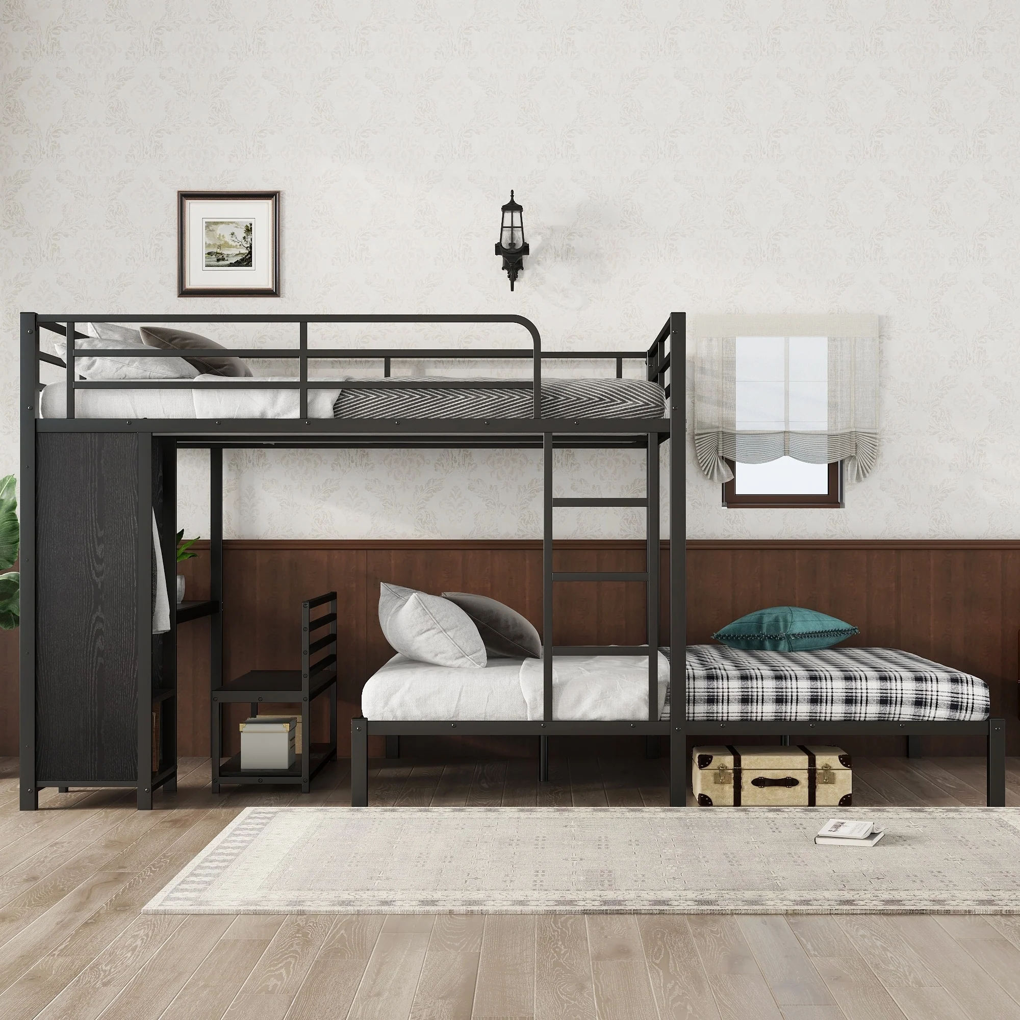 Queen over Queen Size Bunk Bed Frame with Built-in Wardrobe, Metal Bunk Bed with Desk and Storage Chairs, Black
