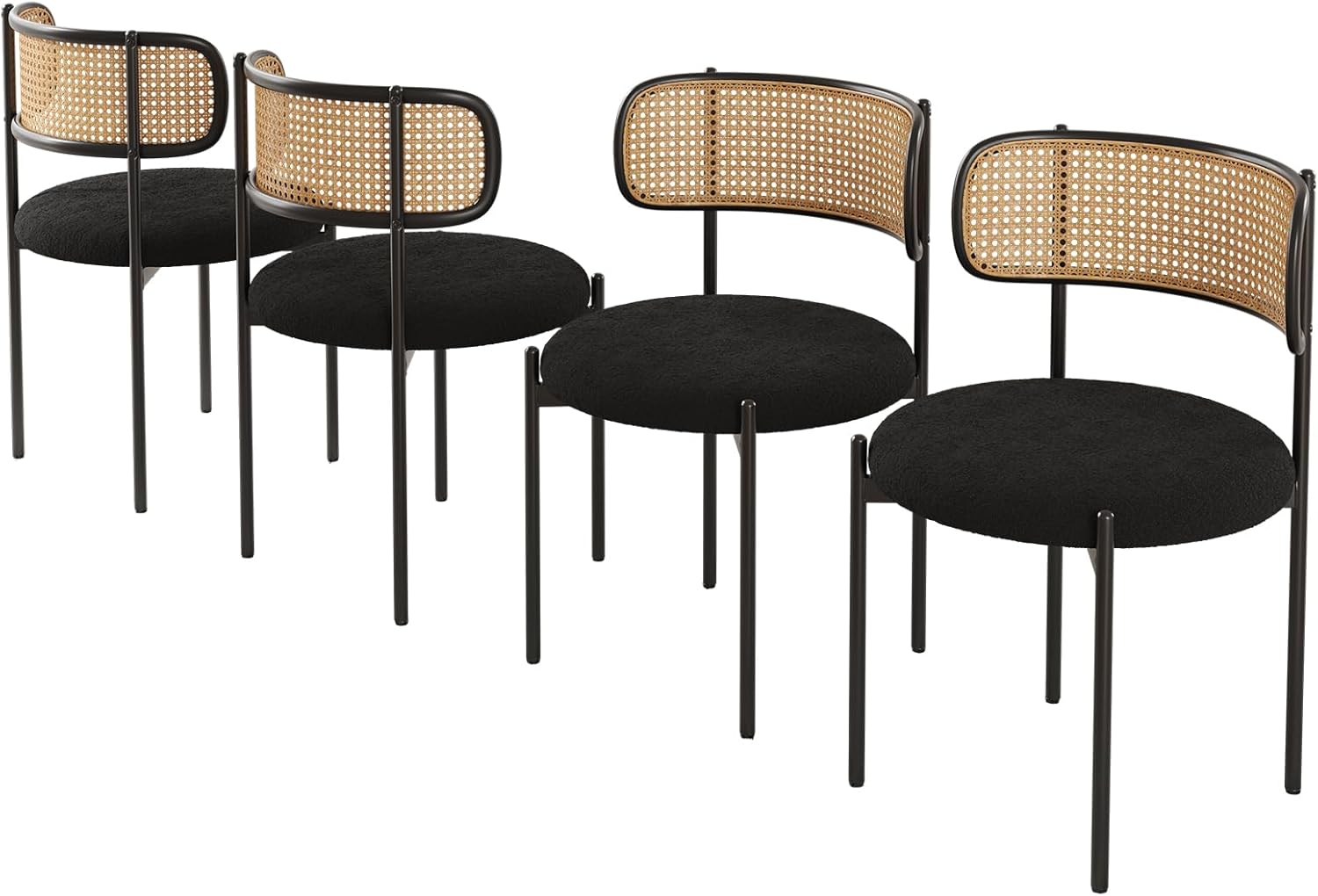 Farini Modern Upholstered Dining Chairs Set of 4,Rattan Back Dining Room Chairs,Accent Kitchen Chairs with Metal Legs,Black