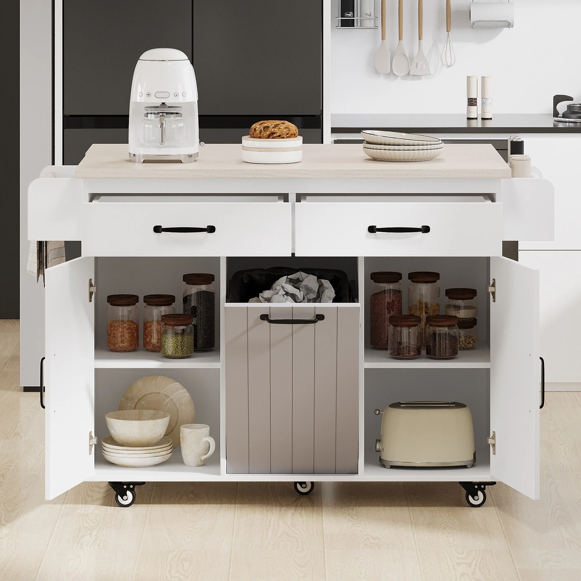 All-in-one Kitchen Island Carts with Trash Can Storage Cabinet, Kitchen Cart with Drop Leaf Rolling Kitchen Island on Wheels