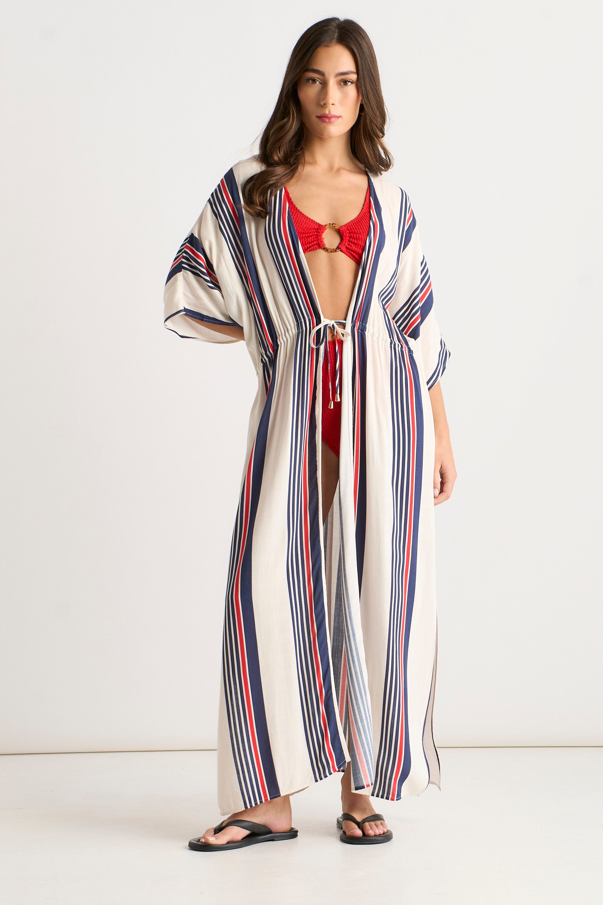 Gini London Multi Stripe Tie Detail Kimono Beachwear