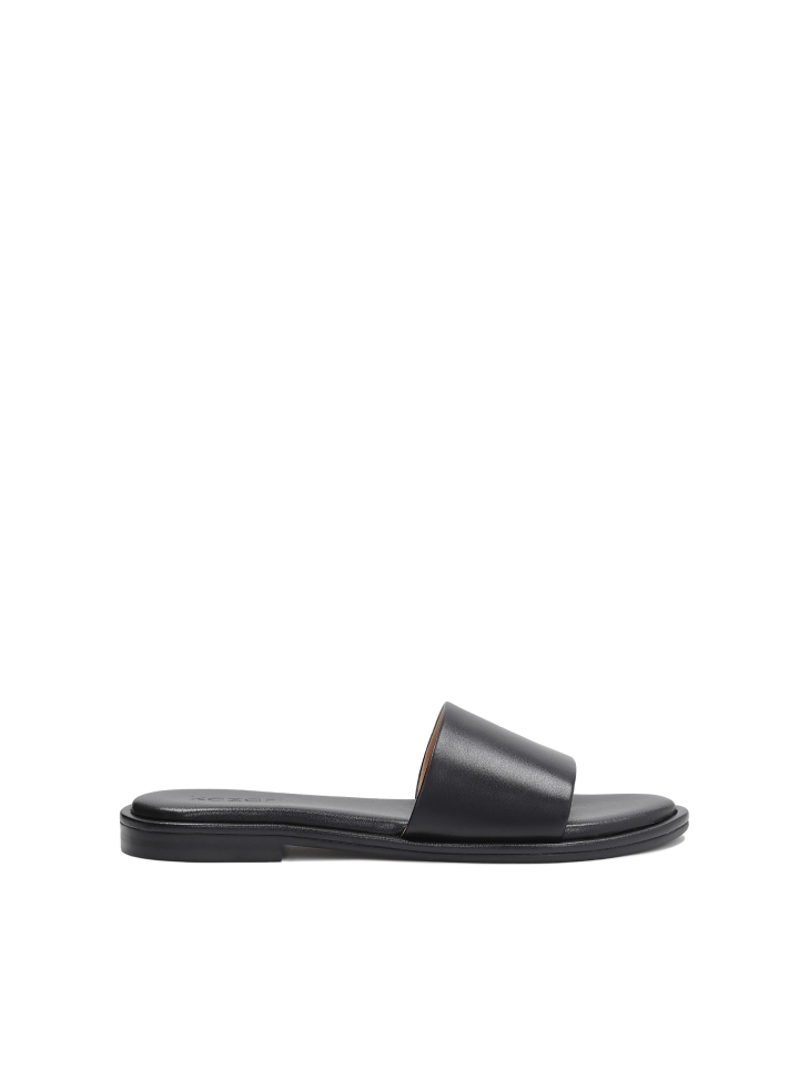 Black leather slides on a flat sole