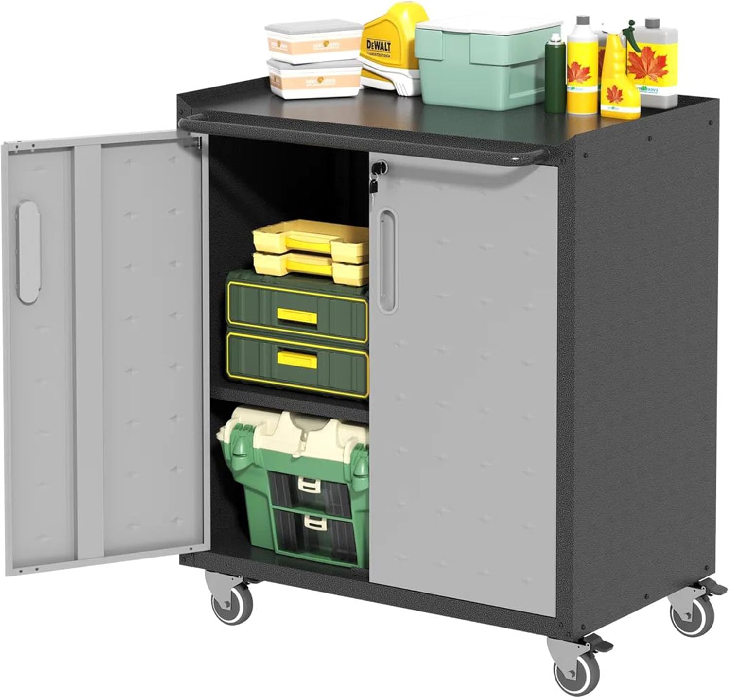 Garage Tool Storage Cabinet,Mobile Heavy Duty Metal Tool Chests & Cabinets with Lockable Doors,Black & Gray Rolling Tool Cabinets with Wheels,Assembly Required