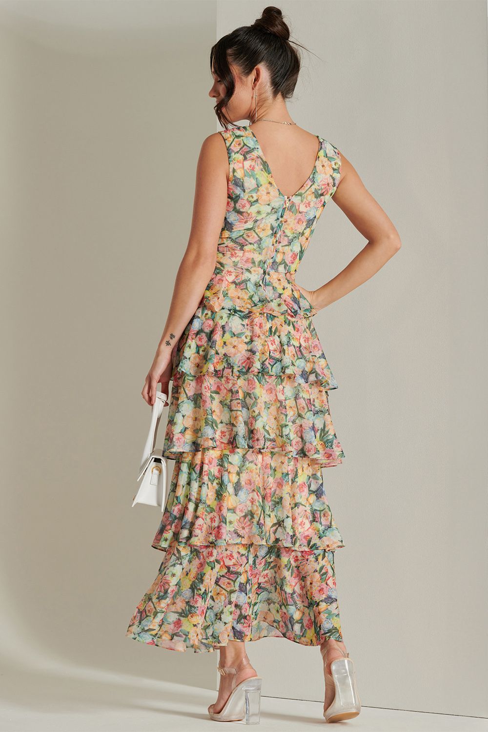 Jolie Moi Tiered Hem Mesh Maxi Dress