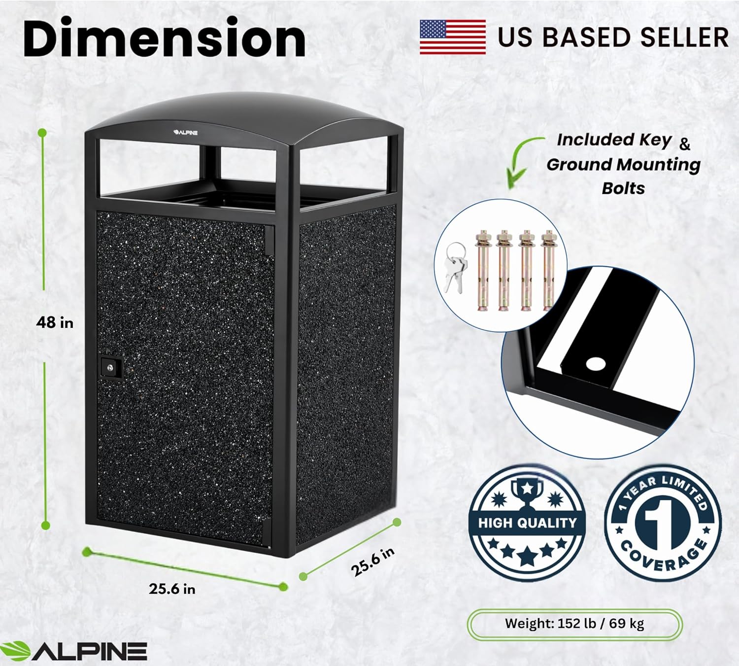 Alpine Outdoor Commercial Trash Can with Lid - 55 Gallon Heavy Duty Steel Garbage Can with Removable Bin, Locking Door for a Modern Look in Park, Mall & High Traffic Areas - Black, Grey Stone Panels