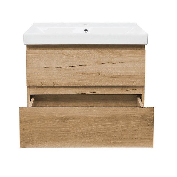 B-Way 79x50x45 cm meuble de salle de bain suspendu 2 tiroirs avec lavabo en céramique, chêne mat (BWAY280OAKU1BI)