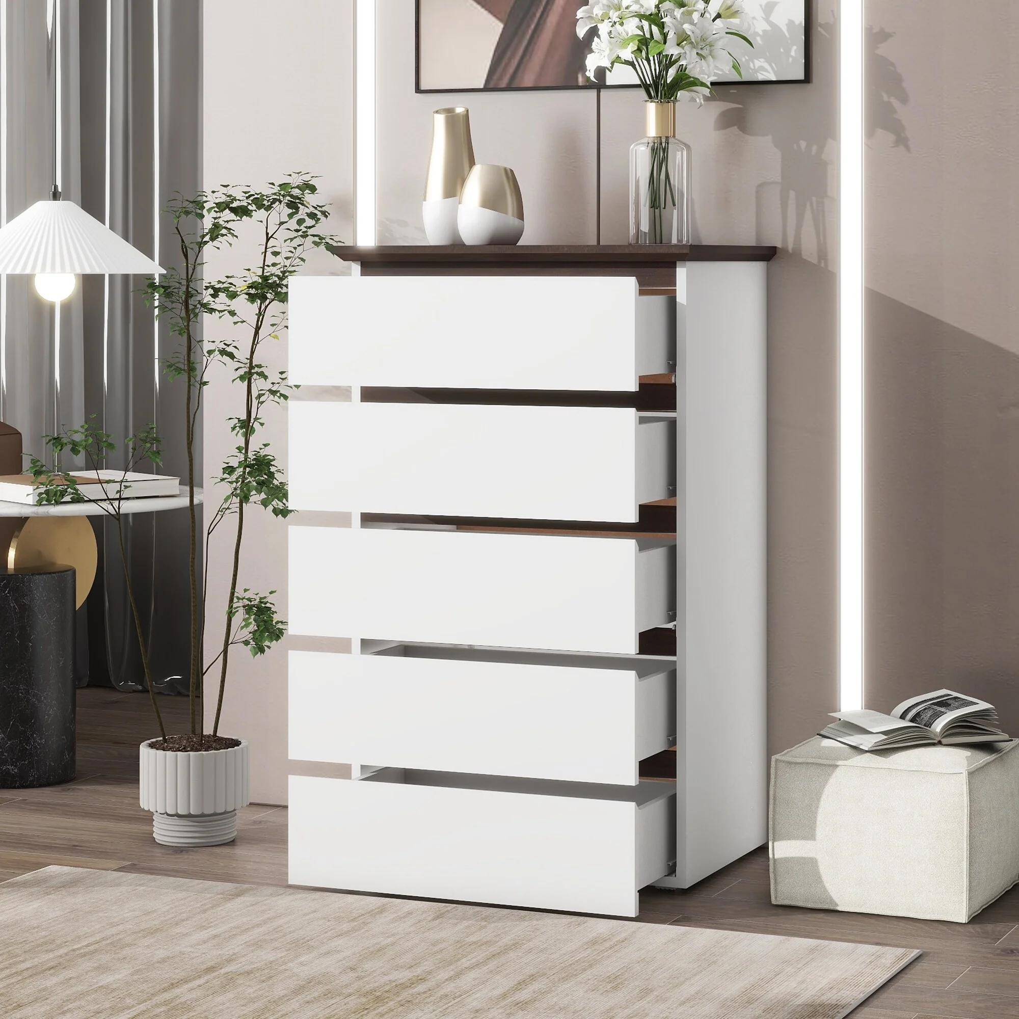 Tall 5-Drawer Vertical Chest with Wood Finish Top and Handleless, Small Dresser for Kids Bedroom, Living Room