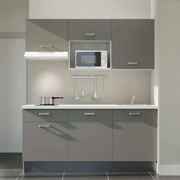 Kitchenette K30 - 180 cm - Façades : Gris - Plan de travail : Blanc - Crédences : Non - Evier