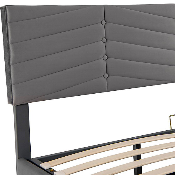 Lit Double 180x200cm Hydraulique Velours Rayé Gris Blackcolors