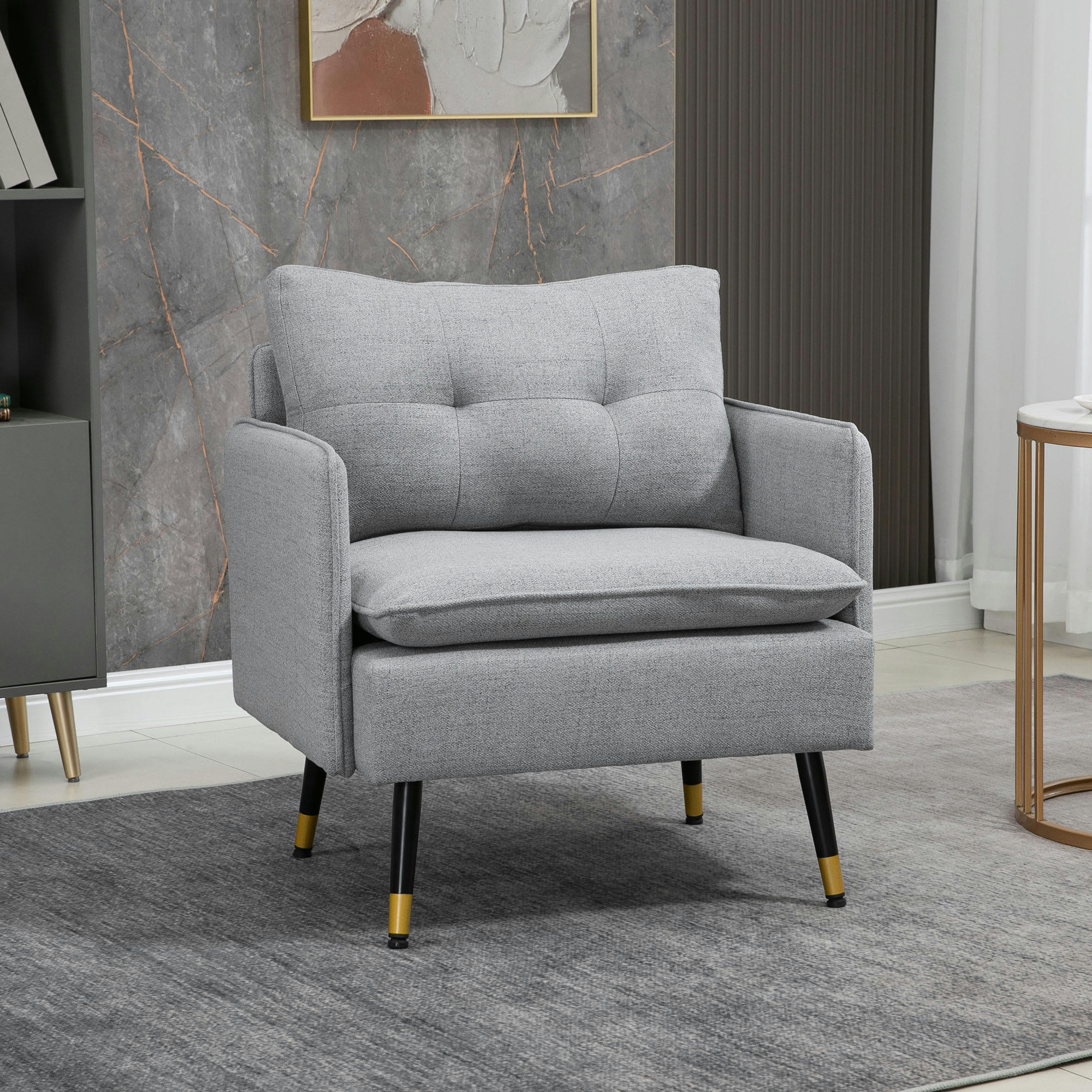 - Fauteuil style art-déco effet capitonné métal noir doré tissu gris