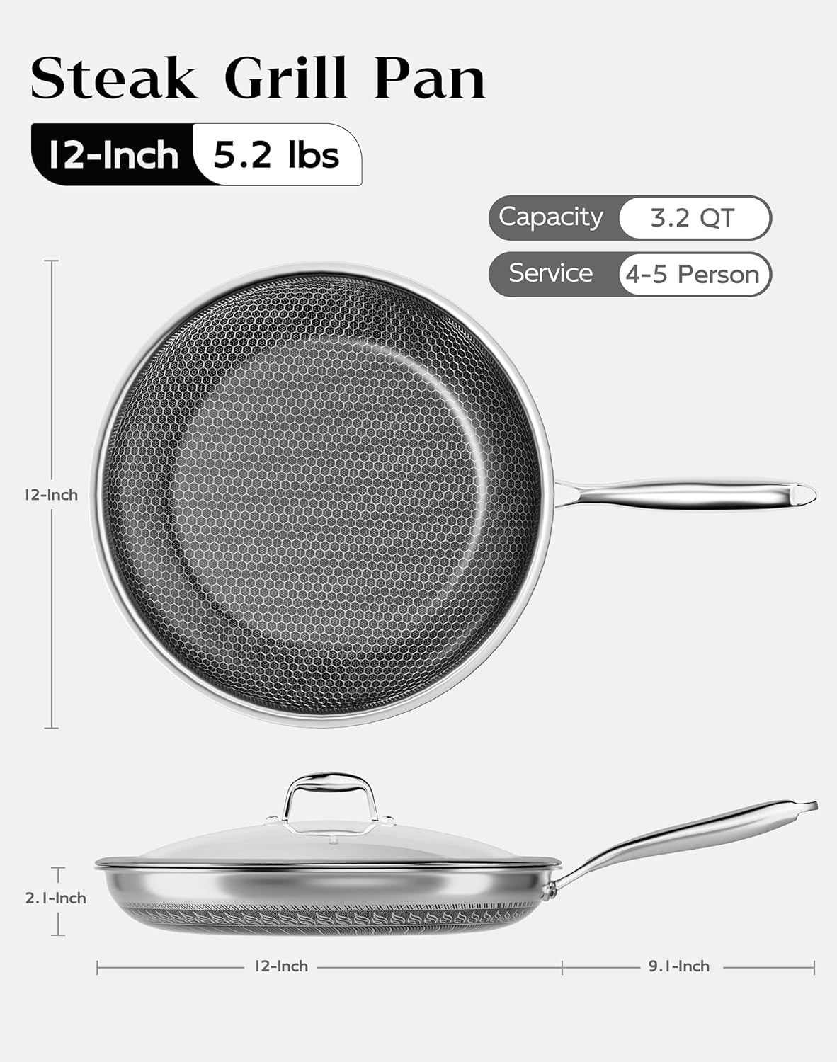 Nonstick Frying Pan with Lid 12-Inch, Durable Stainless Steel Skillet, Induction Cooktop Compatible, PFOA-Free Scratch-Proof, Dishwasher & Oven Safe, Stay-Cool Handle, Silver Kitchen Cookware